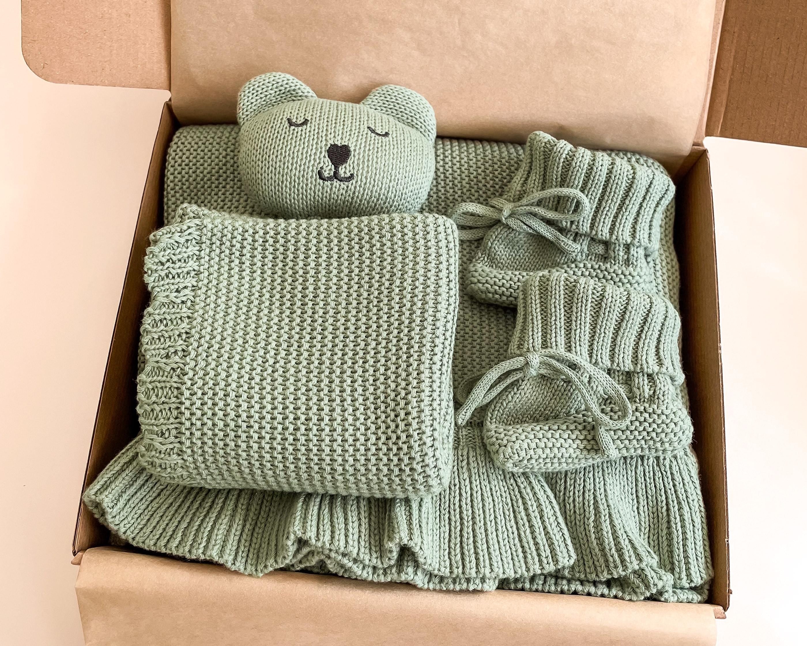 Organic Knit Baby Gift Set: Sage Green Blanket, Booties, Bear Lovey