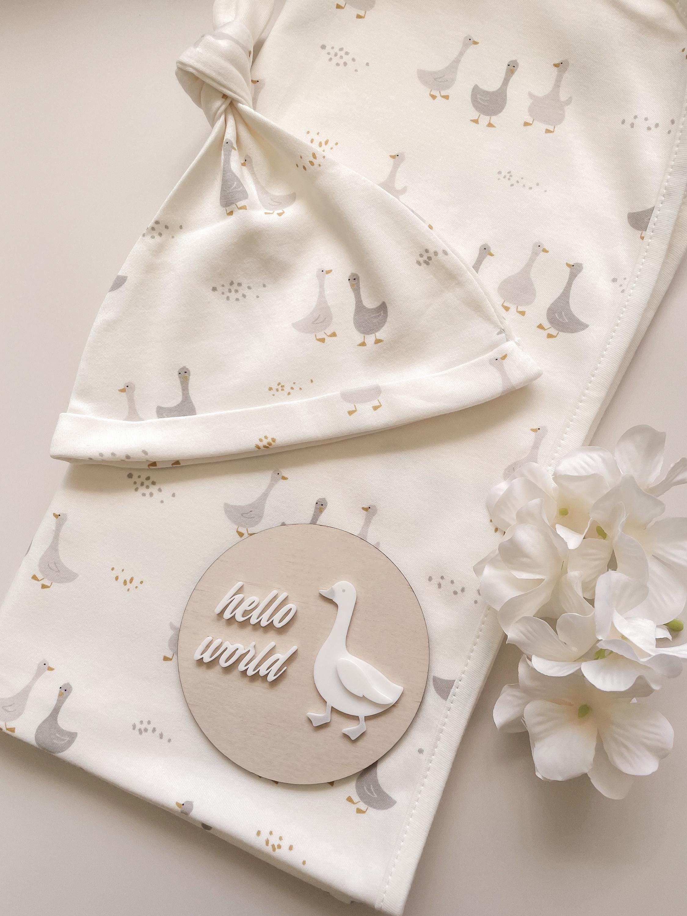 Goose Print Gift Set Stretch Cotton Baby Swaddle and Beanie Newborn Gift Birth Announcement