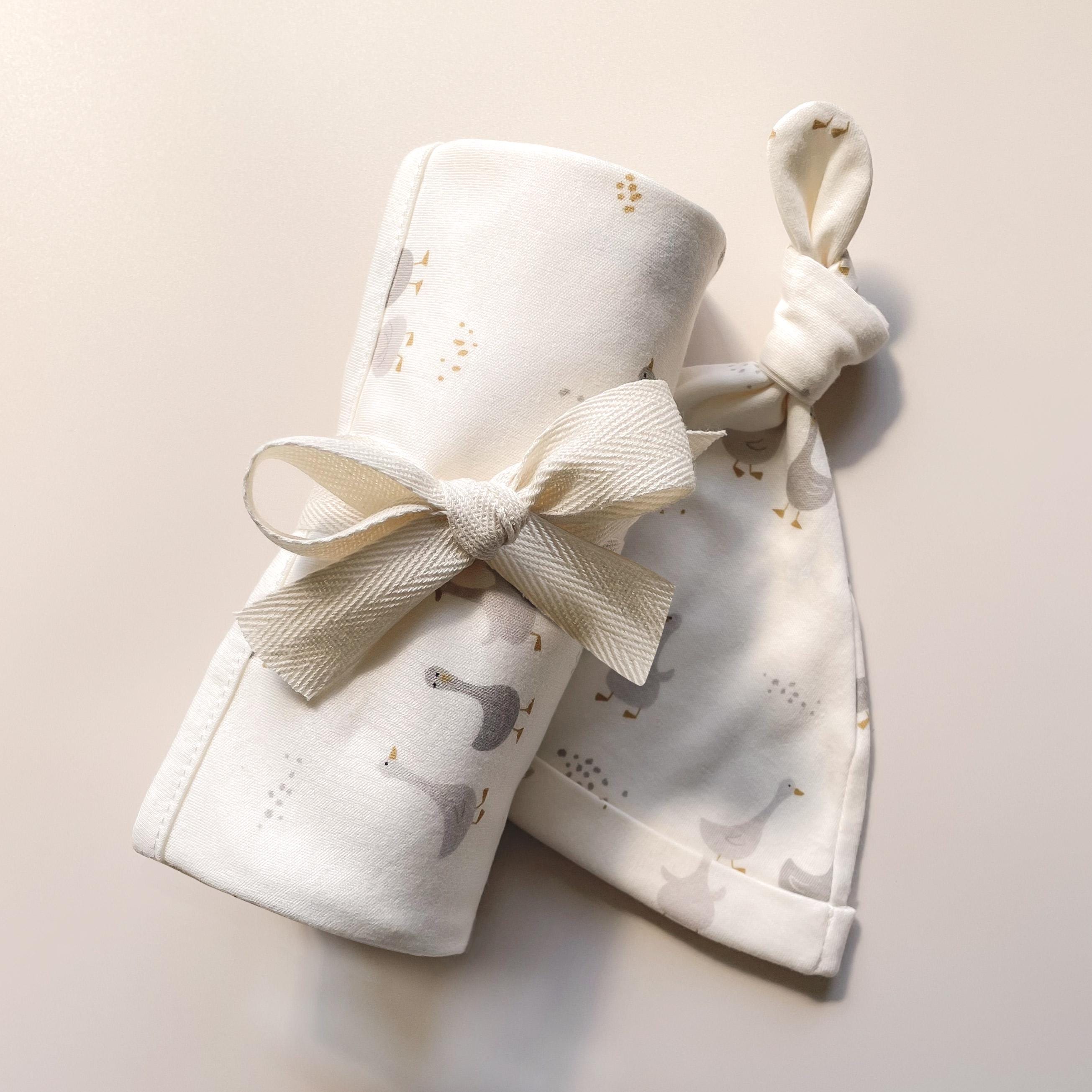 Goose Print Gift Set Stretch Cotton Baby Swaddle and Beanie Newborn Gift Birth Announcement