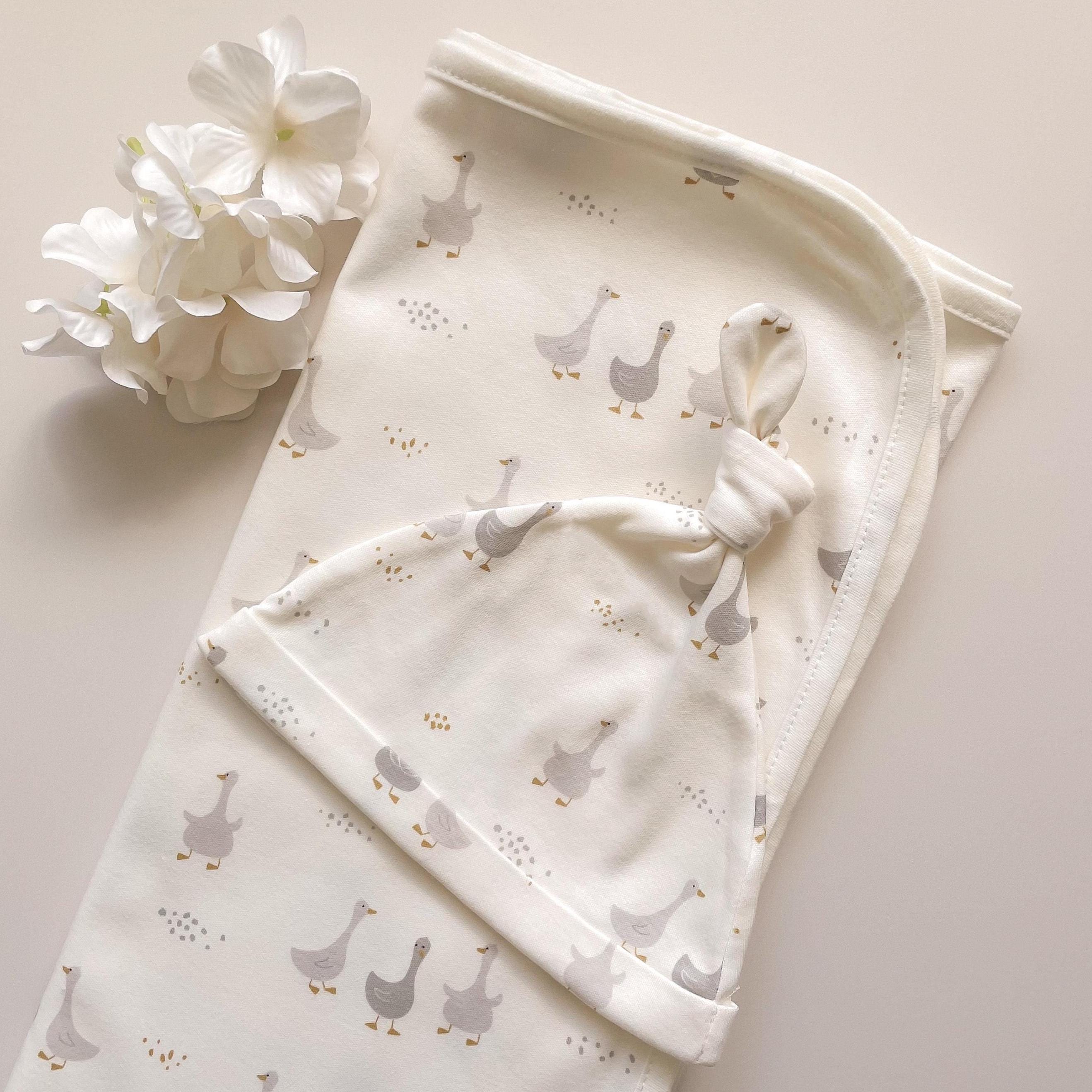 Goose Print Gift Set Stretch Cotton Baby Swaddle and Beanie Newborn Gift Birth Announcement