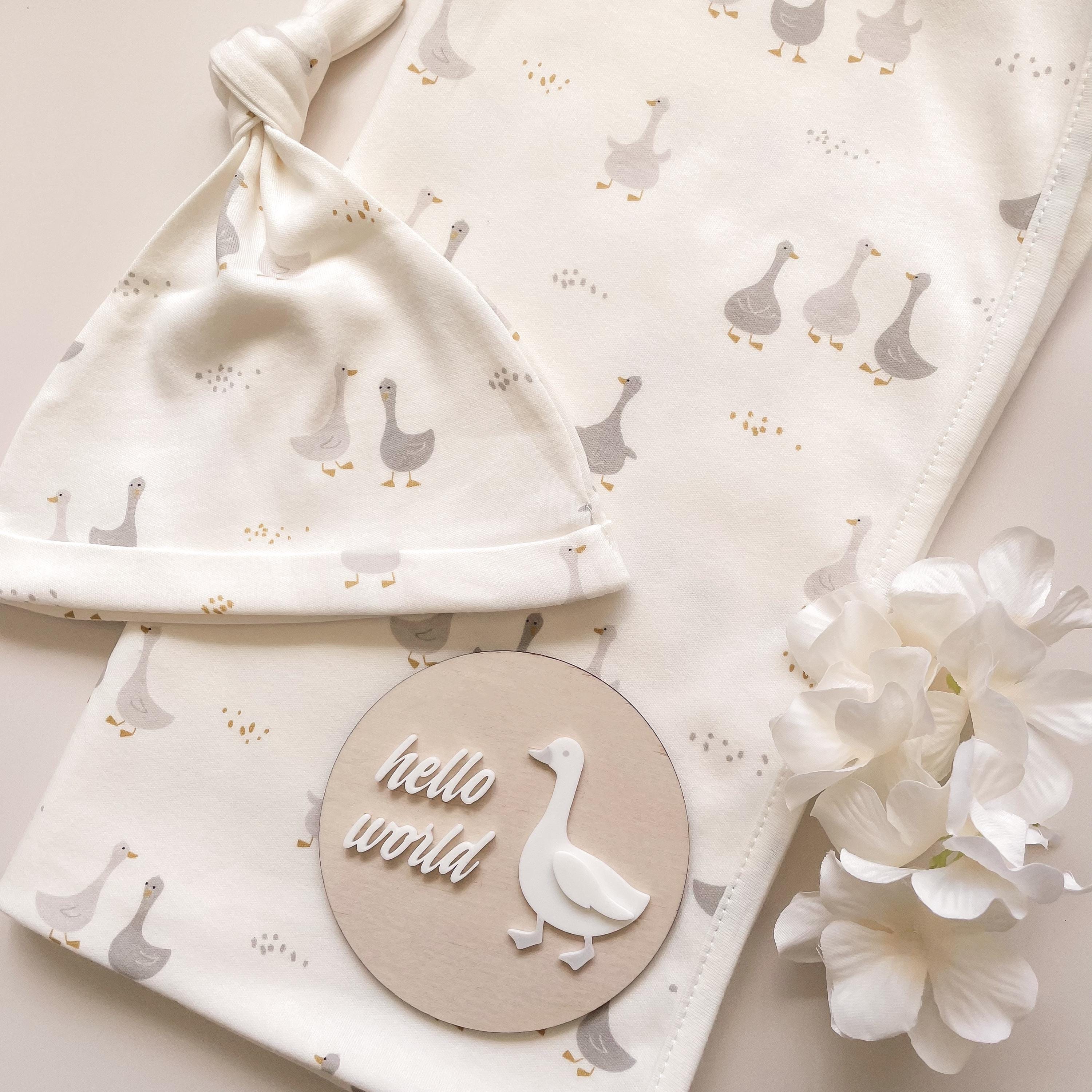 Goose Print Gift Set Stretch Cotton Baby Swaddle and Beanie Newborn Gift Birth Announcement