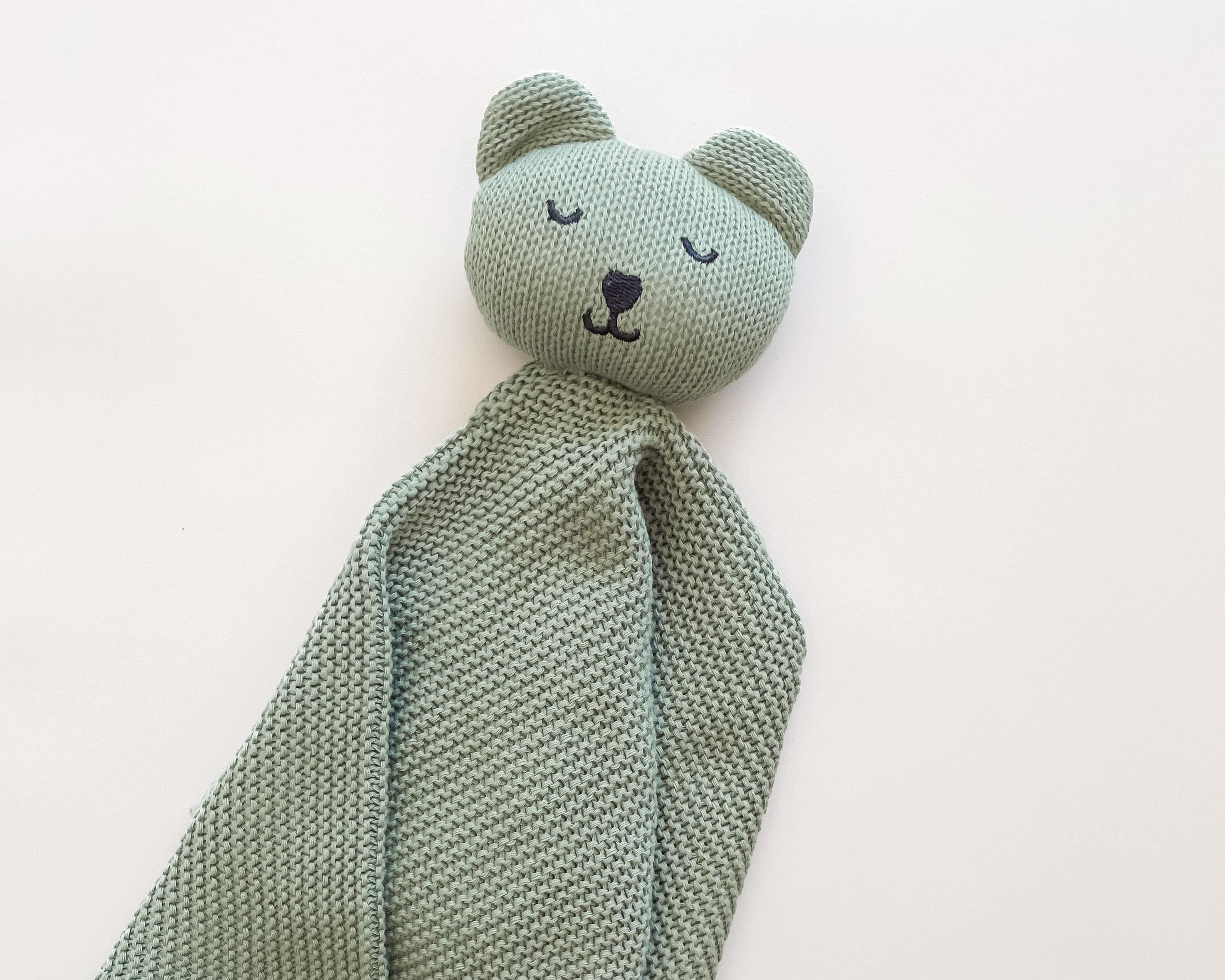 Organic Knit Baby Gift Set: Sage Green Blanket, Booties, Bear Lovey