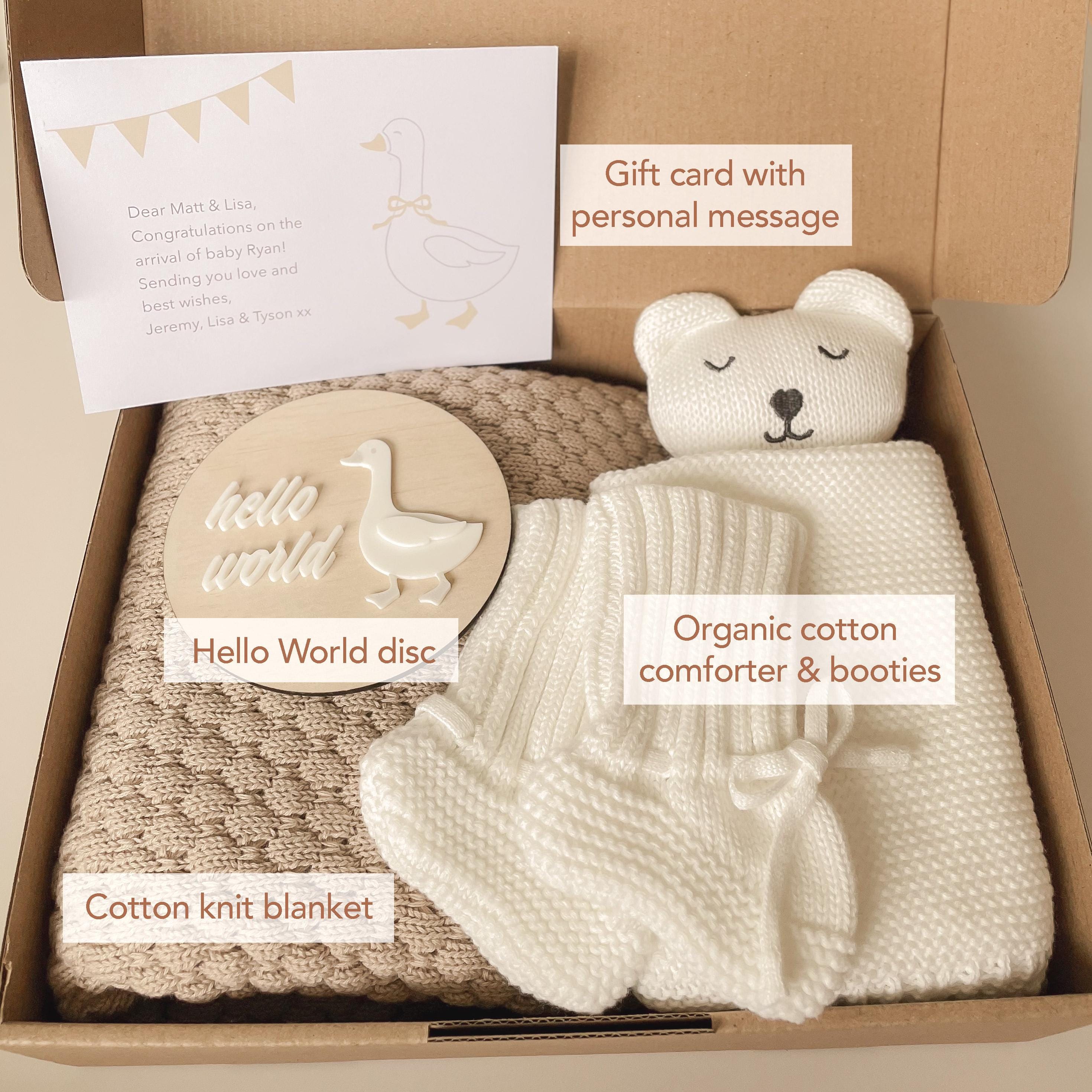 Cotton Knit Baby Gift Set: Blanket, Booties & Announcement Plaque