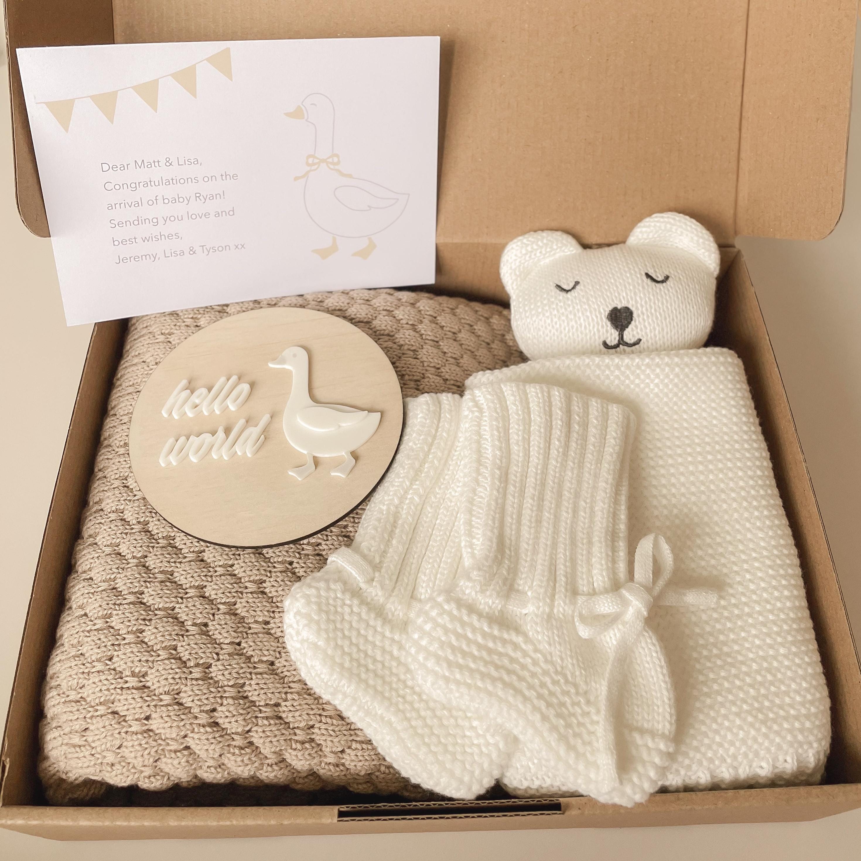 Cotton Knit Baby Gift Set: Blanket, Booties & Announcement Plaque