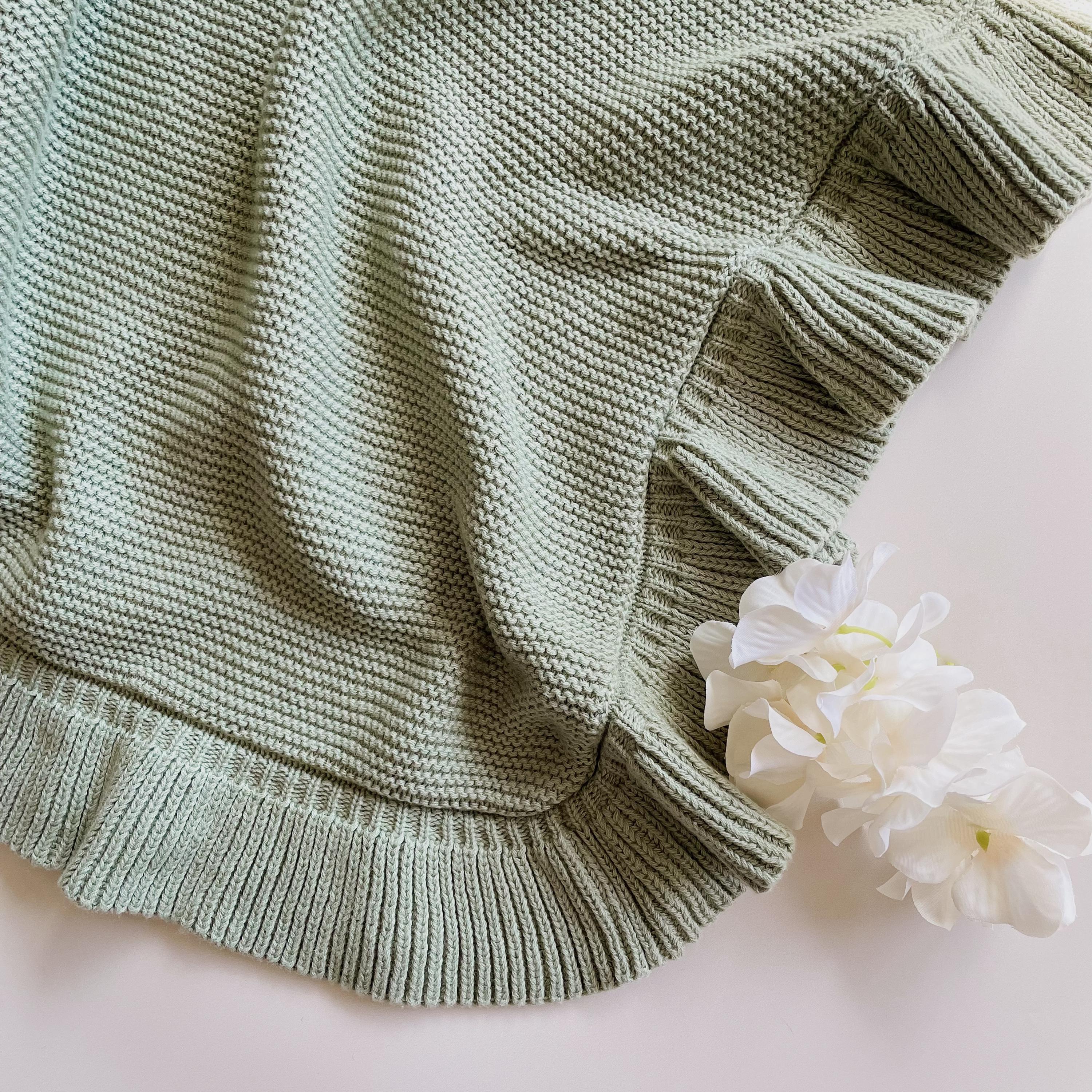 Organic Knit Baby Gift Set: Sage Green Blanket, Booties, Bear Lovey